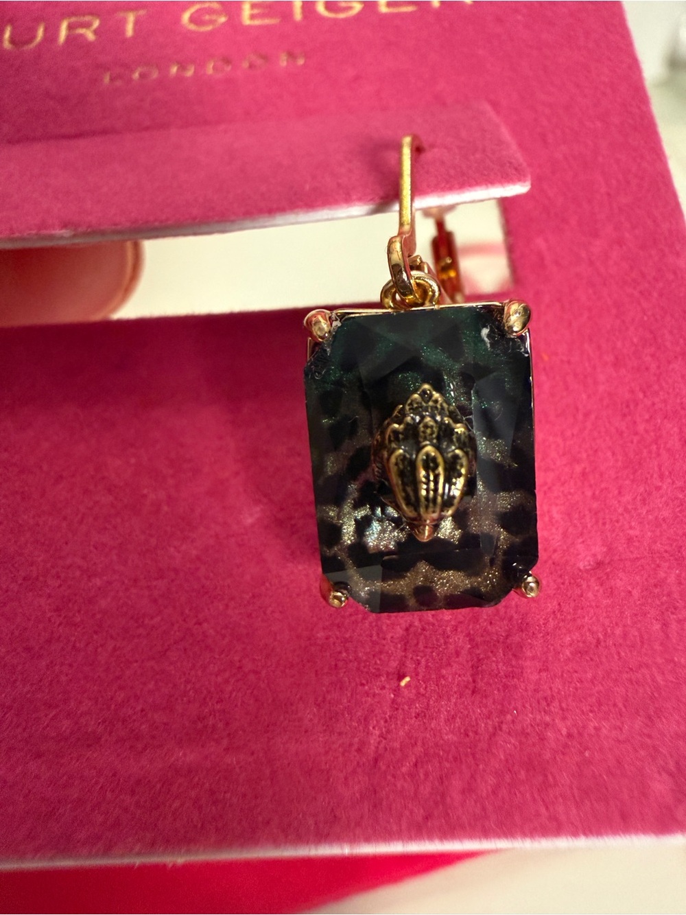 Kurt Geiger Green Leopard-Print Gold-Trim Drop Earrings - Picture 3 of 8